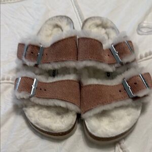 Birkenstock Brown and White Fuzzy Sandals - 36